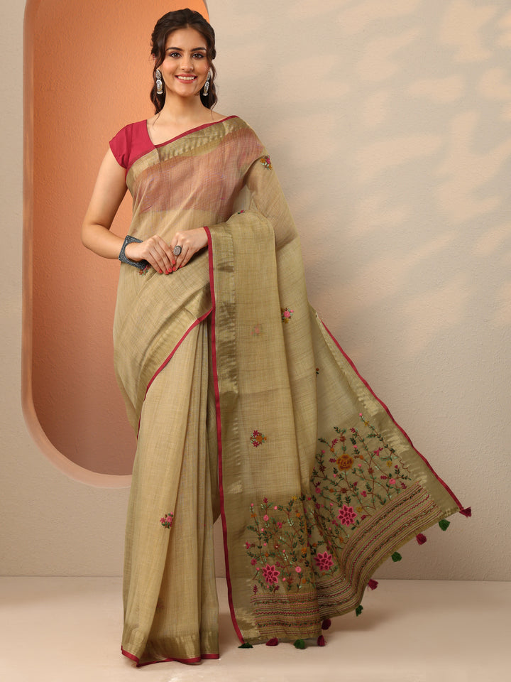 Green Embroidered Silk Blend Saree With Unstitched Blouse Piece