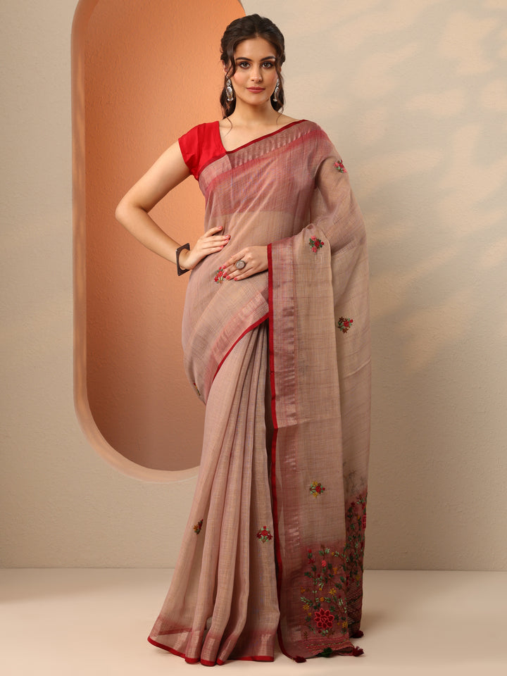 Mauve Embroidered Silk Blend Saree With Unstitched Blouse Piece