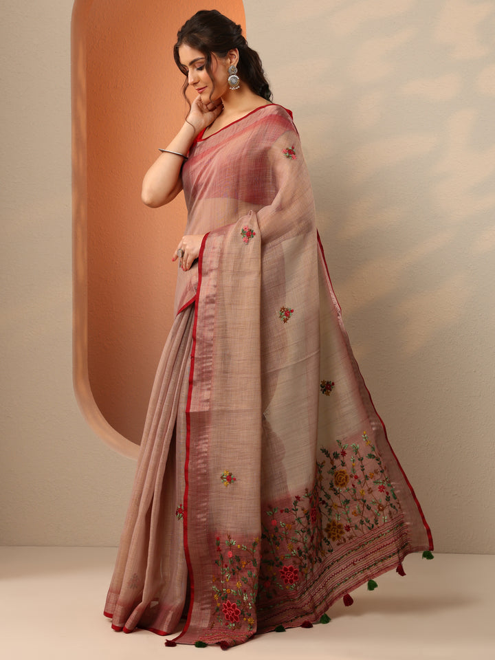 Mauve Embroidered Silk Blend Saree With Unstitched Blouse Piece