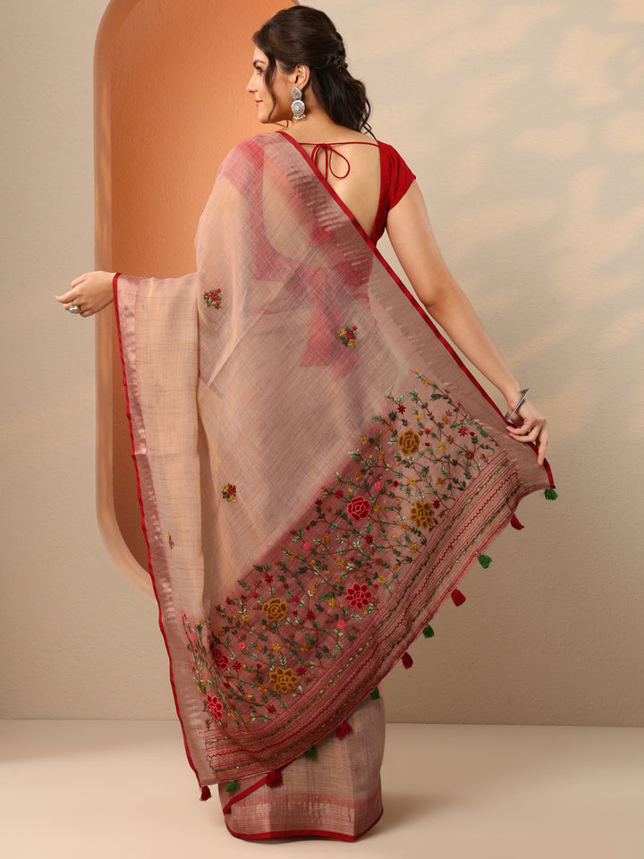 Mauve Embroidered Silk Blend Saree With Unstitched Blouse Piece