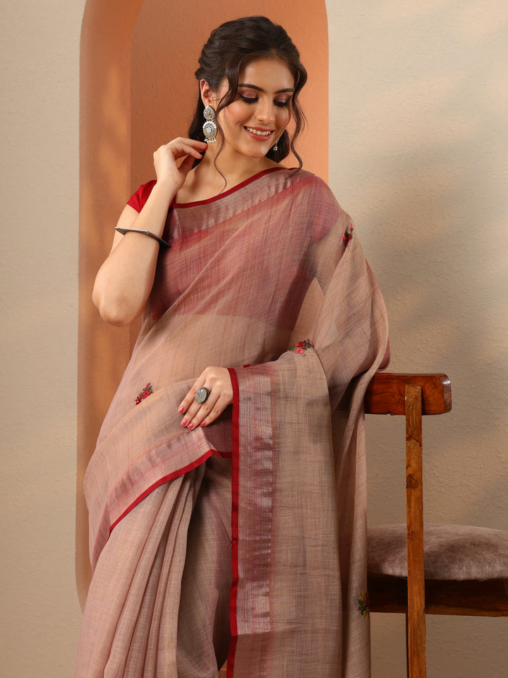 Mauve Embroidered Silk Blend Saree With Unstitched Blouse Piece