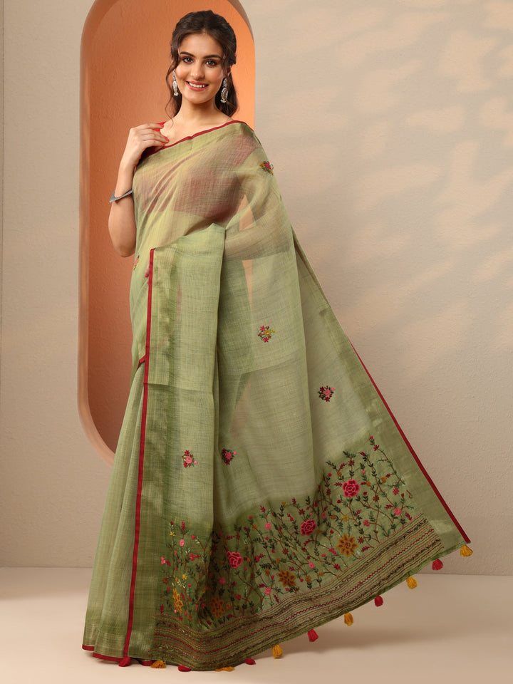 Olive Embroidered Silk Blend Saree With Unstitched Blouse Piece