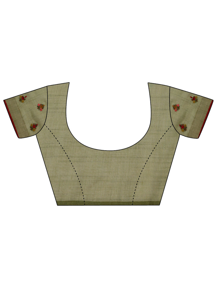 Olive Embroidered Silk Blend Saree With Unstitched Blouse Piece