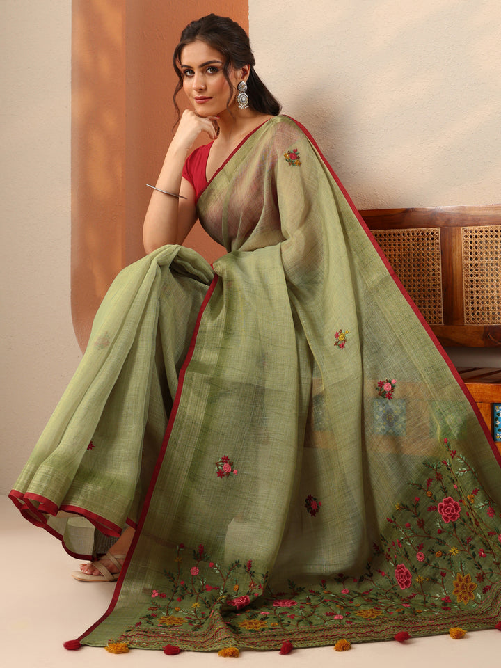 Olive Embroidered Silk Blend Saree With Unstitched Blouse Piece