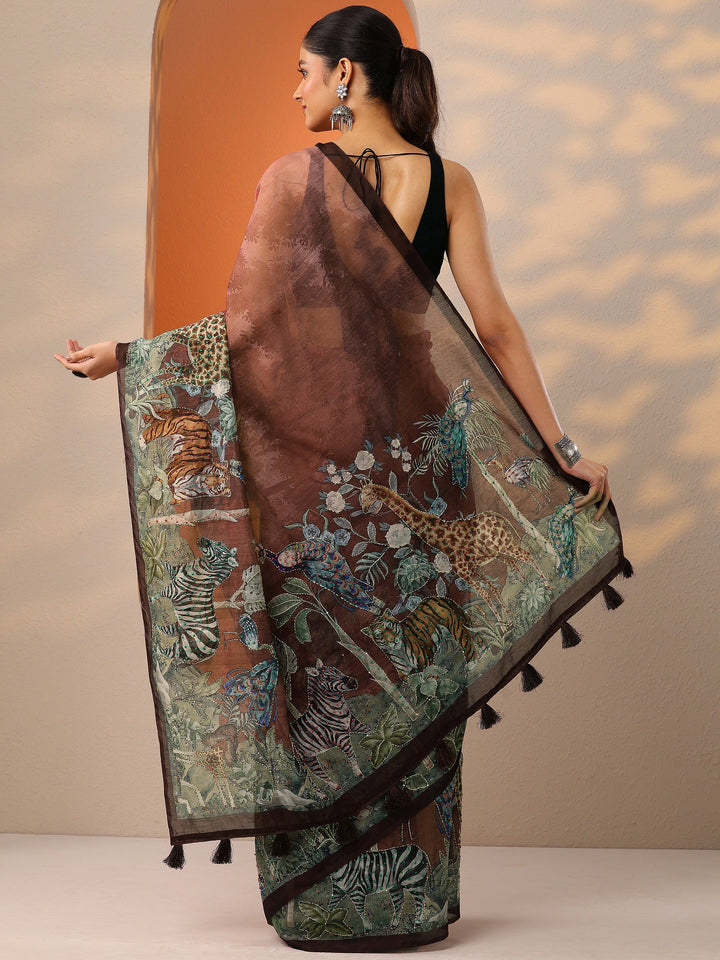 Brown Printed Silk Blend Saree With Unstitched Blouse Piece