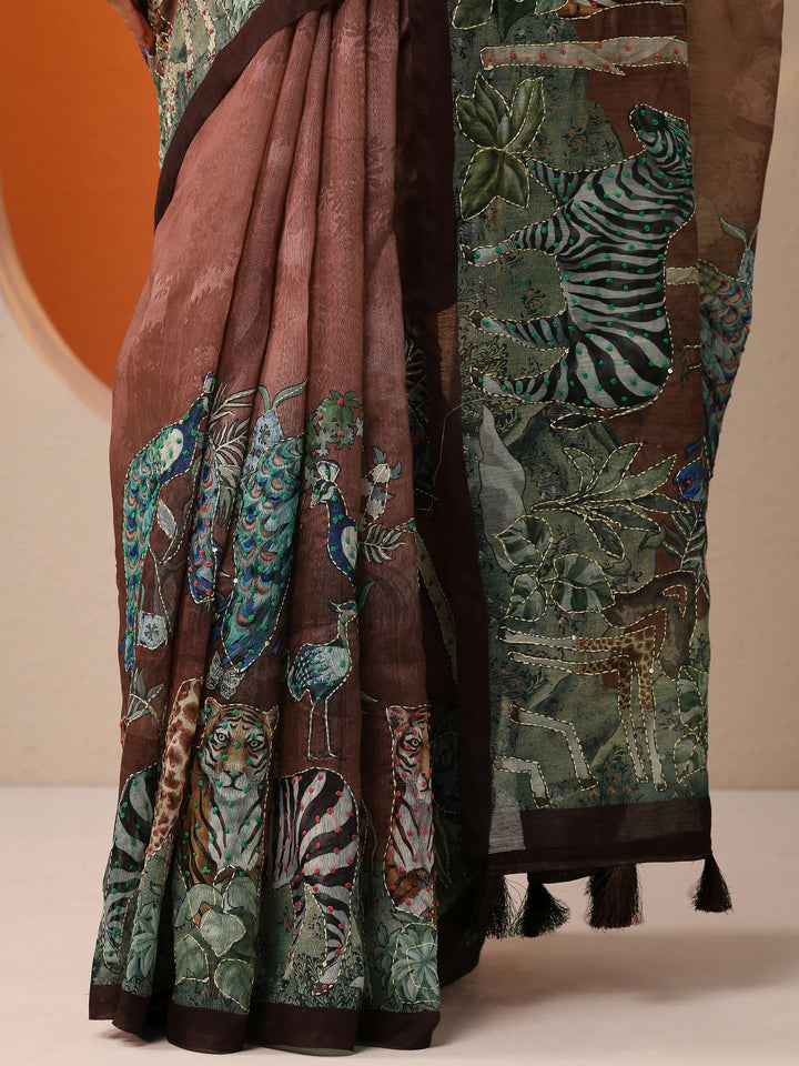 Brown Printed Silk Blend Saree With Unstitched Blouse Piece