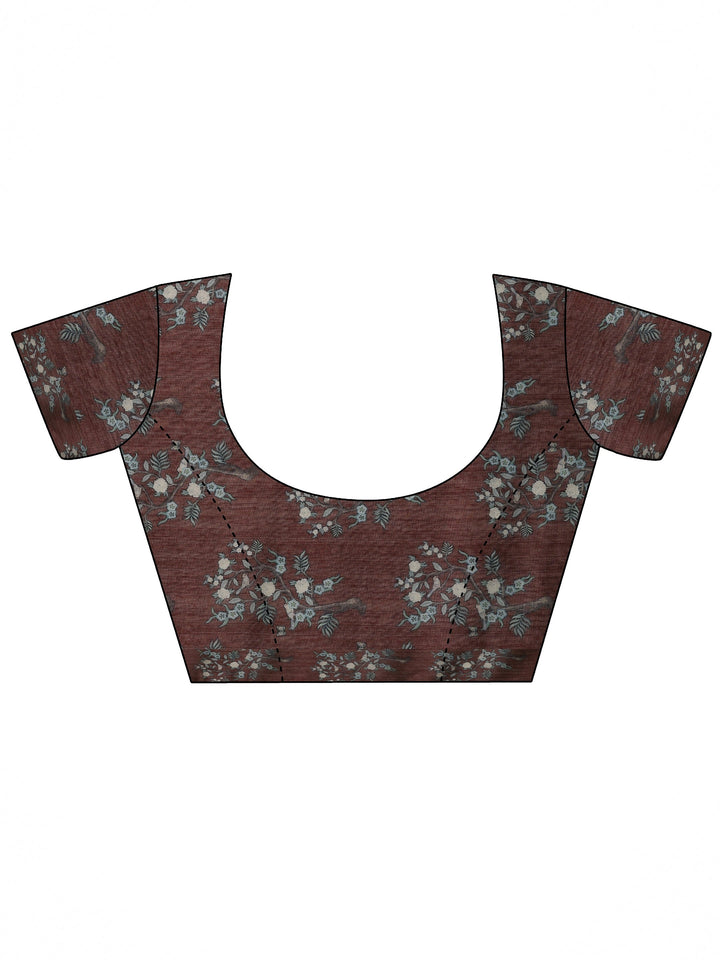 Brown Printed Silk Blend Saree With Unstitched Blouse Piece