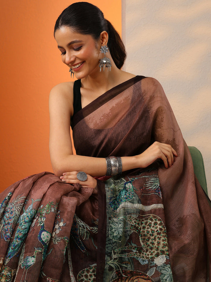 Brown Printed Silk Blend Saree With Unstitched Blouse Piece