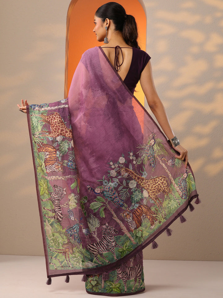Mauve Printed Silk Blend Saree With Unstitched Blouse Piece