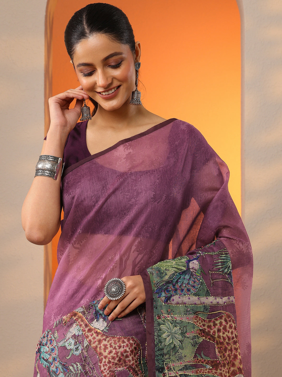 Mauve Printed Silk Blend Saree With Unstitched Blouse Piece