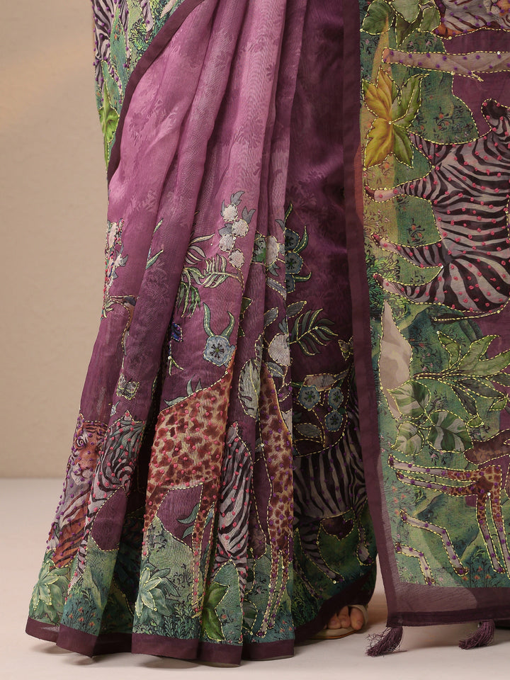 Mauve Printed Silk Blend Saree With Unstitched Blouse Piece