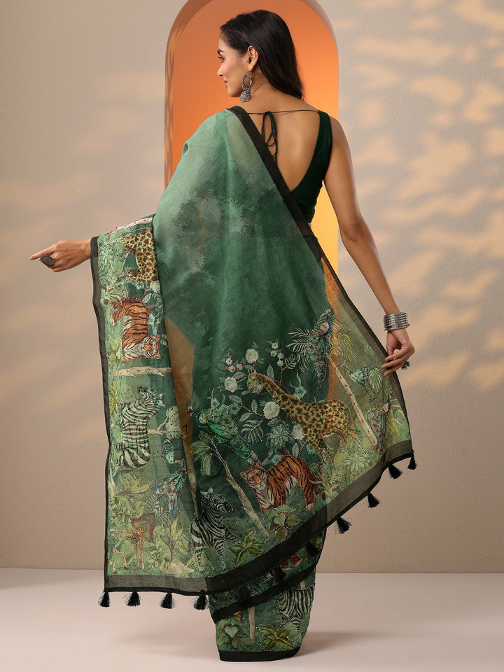 Green Printed Silk Blend Saree With Unstitched Blouse Piece