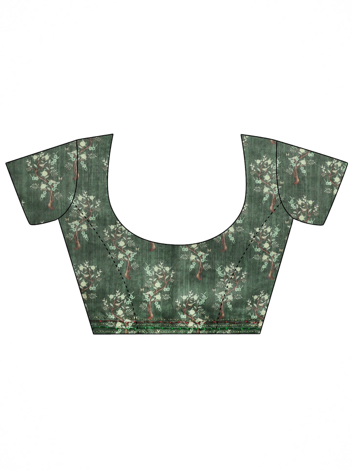 Green Printed Silk Blend Saree With Unstitched Blouse Piece