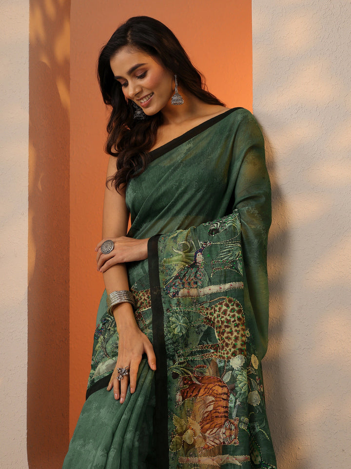 Green Printed Silk Blend Saree With Unstitched Blouse Piece