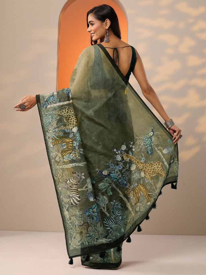 Olive Printed Silk Blend Saree With Unstitched Blouse Piece