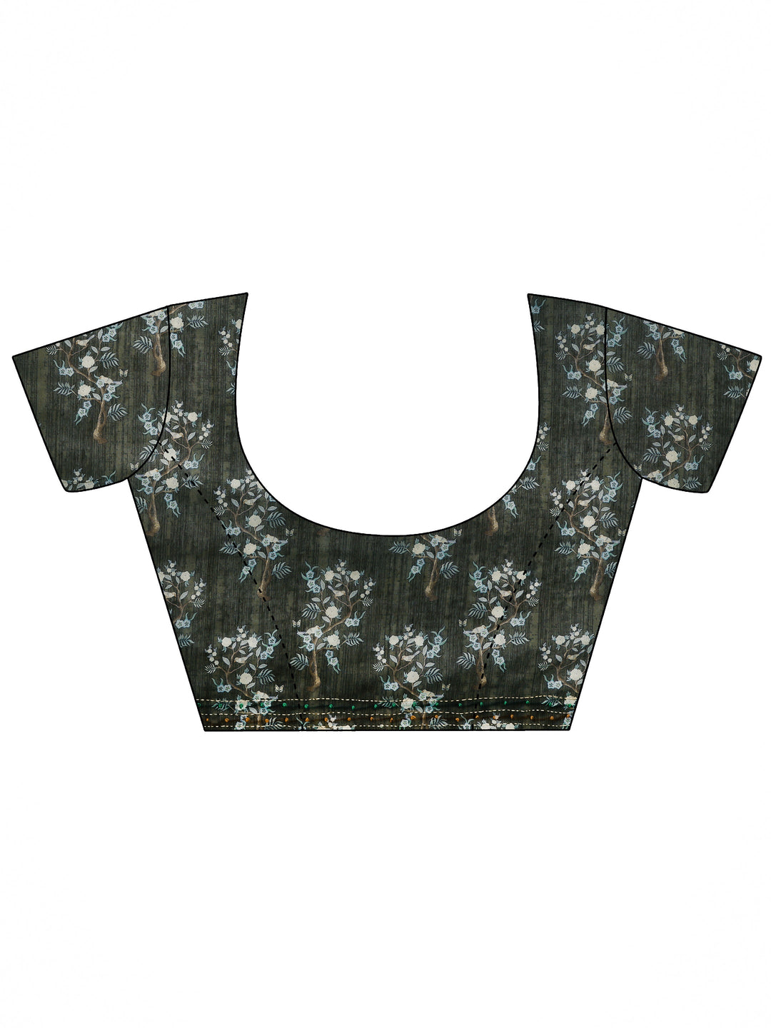 Olive Printed Silk Blend Saree With Unstitched Blouse Piece