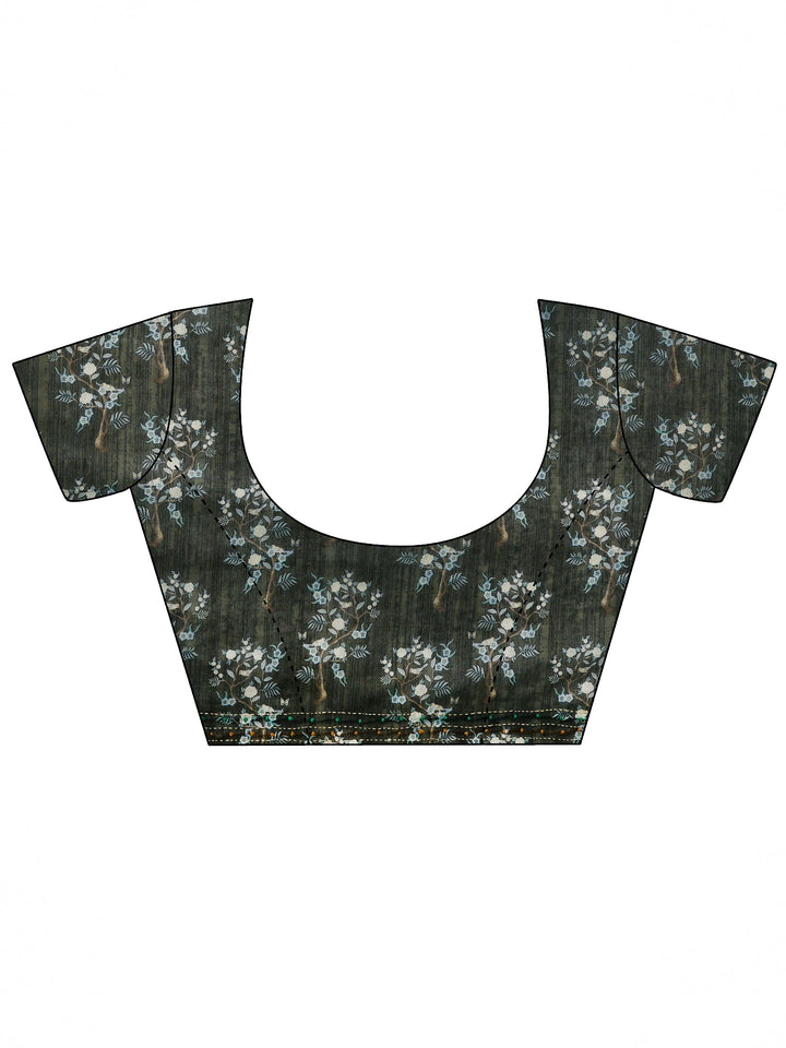 Olive Printed Silk Blend Saree With Unstitched Blouse Piece