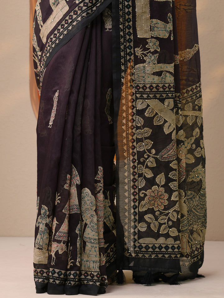 Burgundy Printed Silk Blend Saree With Unstitched Blouse Piece
