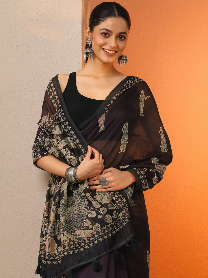 Burgundy Printed Silk Blend Saree With Unstitched Blouse Piece