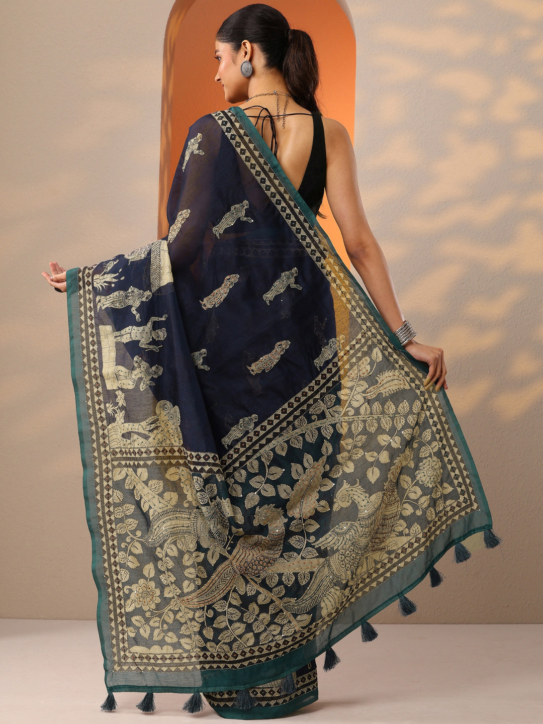 Navy Blue Pochampally Printed Silk Blend Saree With Unstitched Blouse Piece