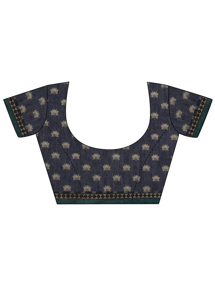 Navy Blue Pochampally Printed Silk Blend Saree With Unstitched Blouse Piece