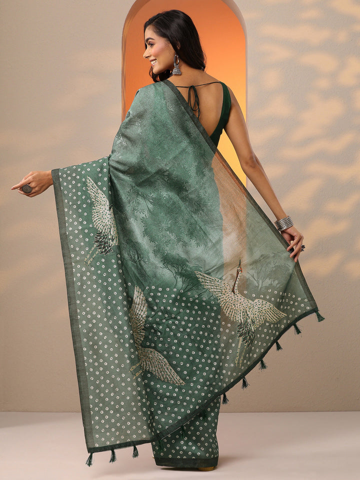 Green Printed Silk Blend Saree With Unstitched Blouse Piece