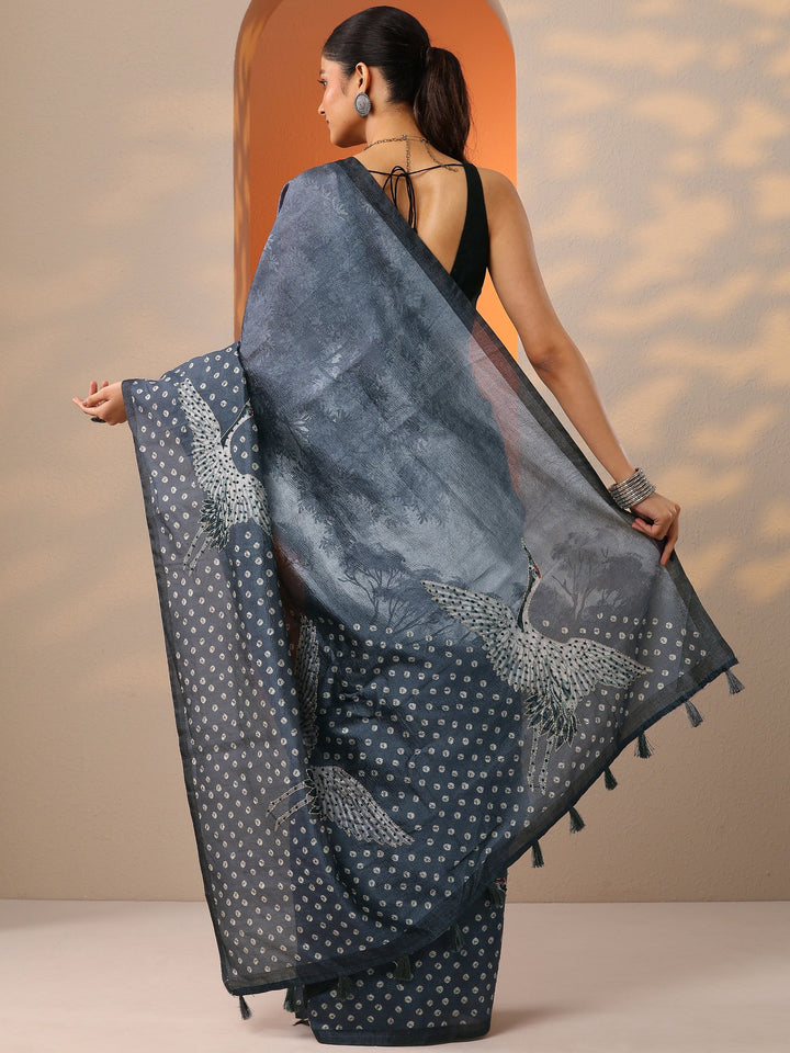 Grey Bandhani Printed Silk Blend Saree With Unstitched Blouse Piece