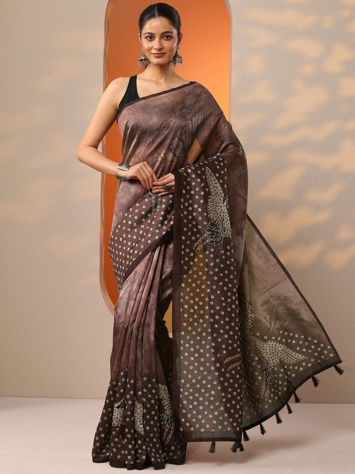 Brown Printed Silk Blend Saree With Unstitched Blouse Piece