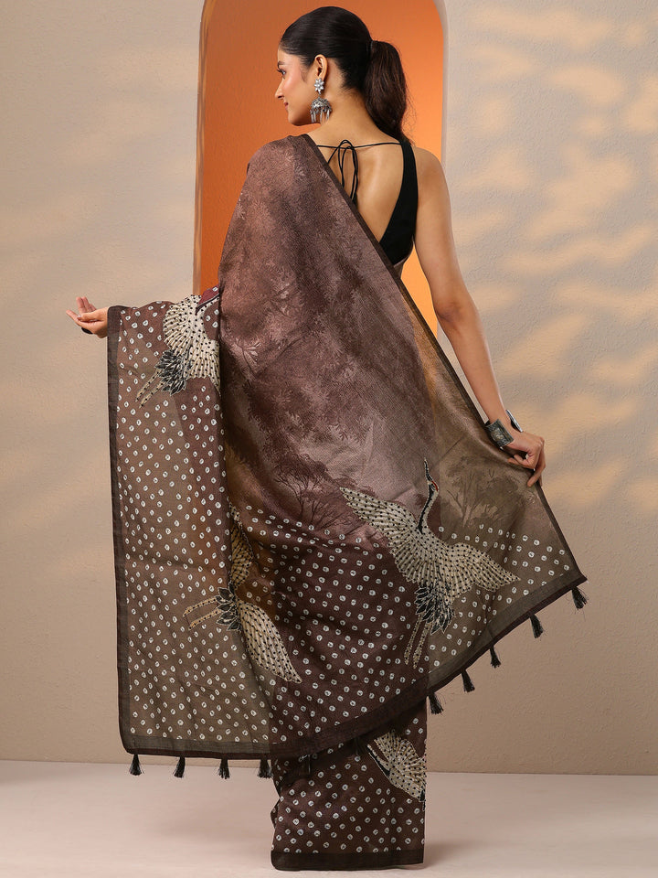 Brown Printed Silk Blend Saree With Unstitched Blouse Piece