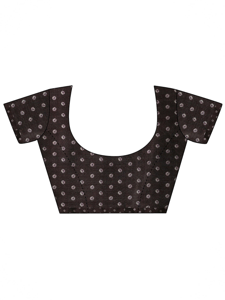 Brown Printed Silk Blend Saree With Unstitched Blouse Piece