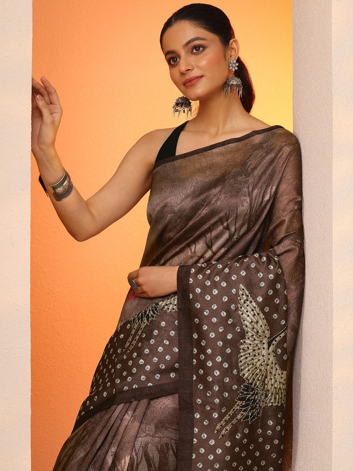 Brown Printed Silk Blend Saree With Unstitched Blouse Piece