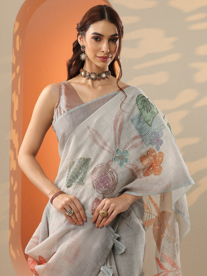 Grey Printed Silk Blend Saree With Unstitched Blouse Piece