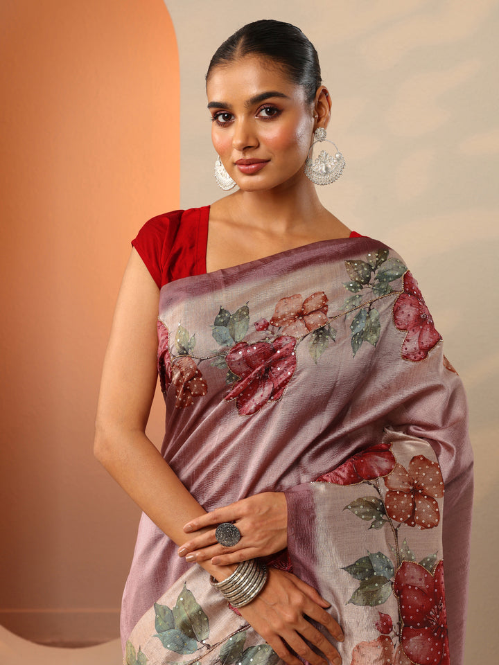 Pink Embellished Silk Blend Saree With Unstitched Blouse Piece