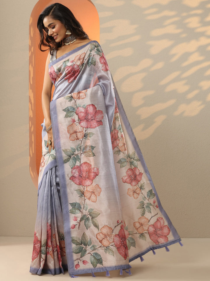 Lavender Embellished Silk Blend Saree With Unstitched Blouse Piece