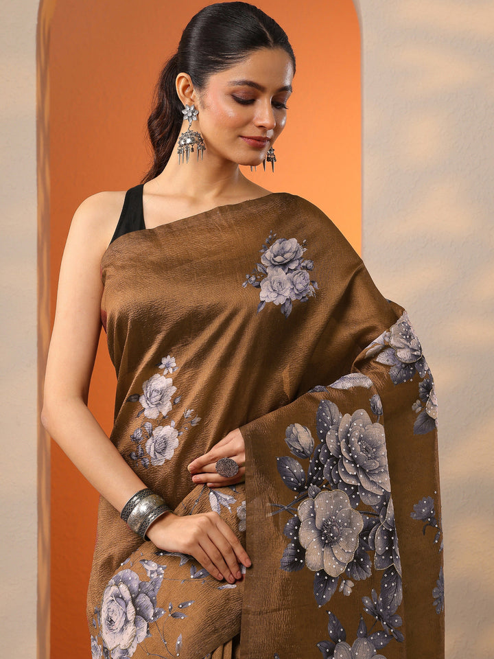 Brown Printed Silk Blend Saree With Unstitched Blouse Piece