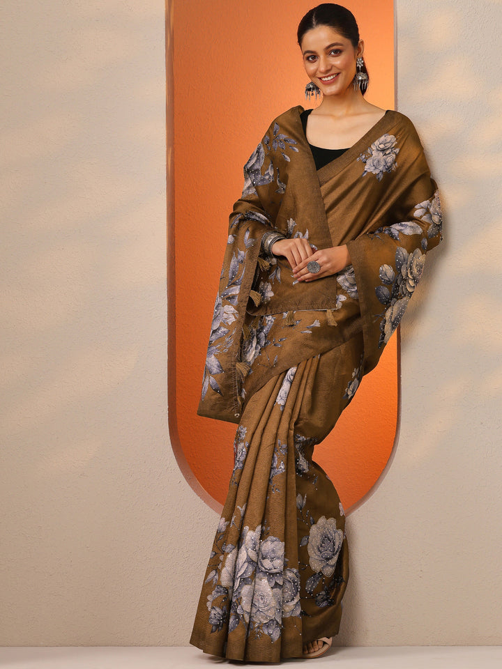 Brown Printed Silk Blend Saree With Unstitched Blouse Piece