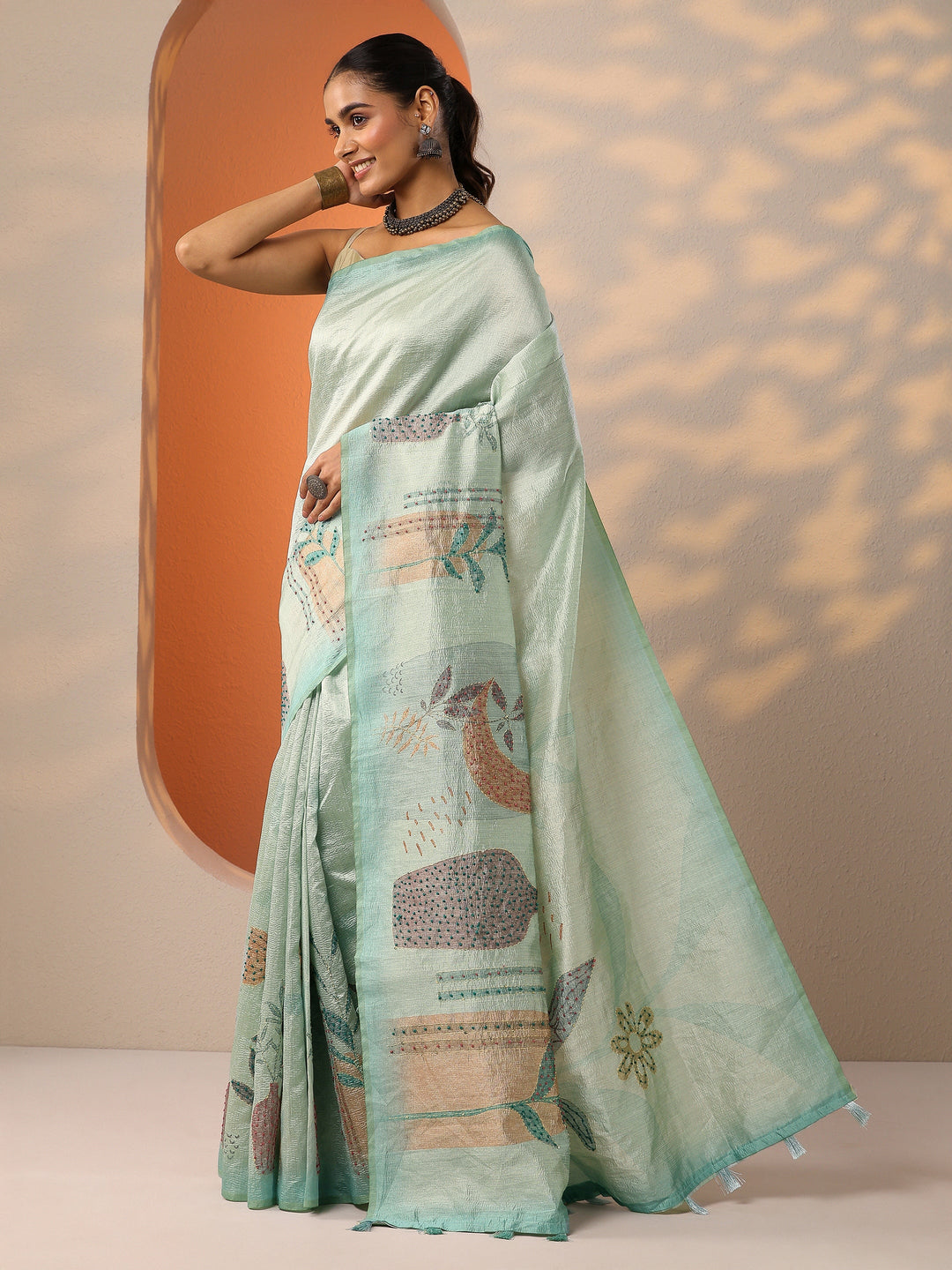 Sea Green Printed Silk Blend Saree With Unstitched Blouse Piece