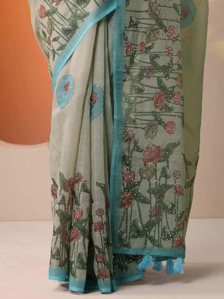 Beige Printed Silk Blend Saree With Unstitched Blouse Piece