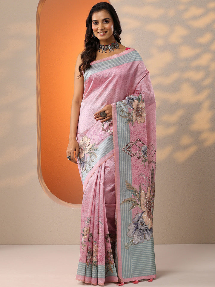 Pink Printed Silk Blend Saree With Unstitched Blouse Piece