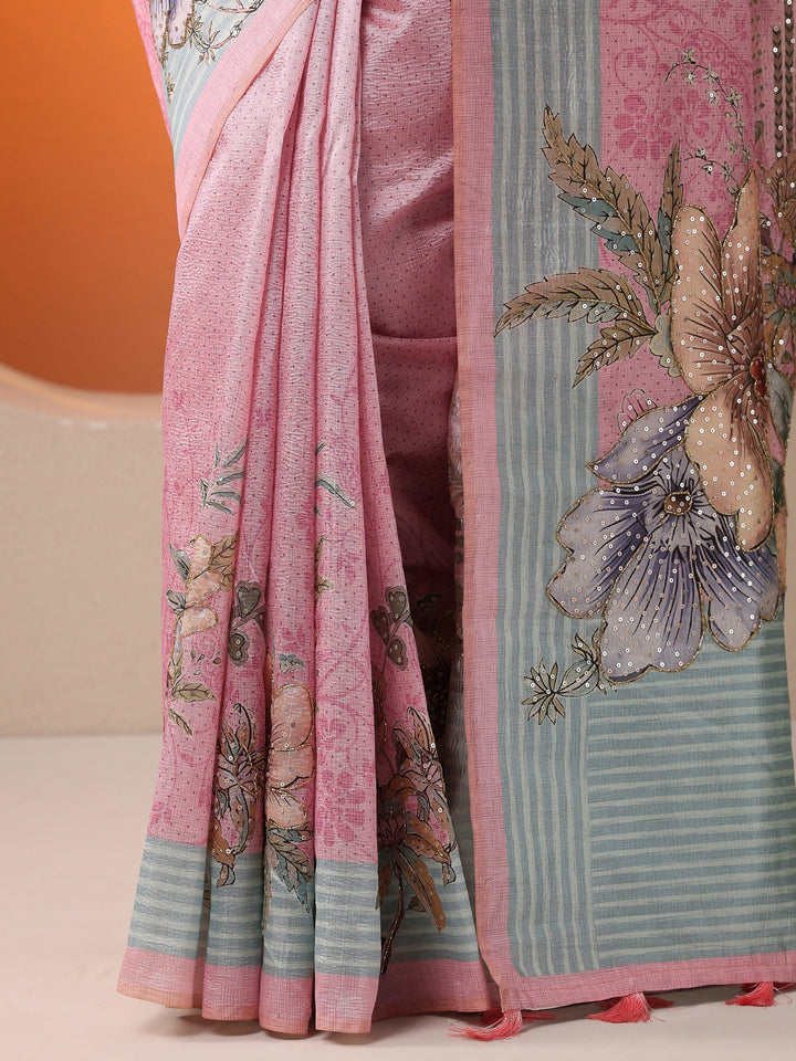 Pink Printed Silk Blend Saree With Unstitched Blouse Piece