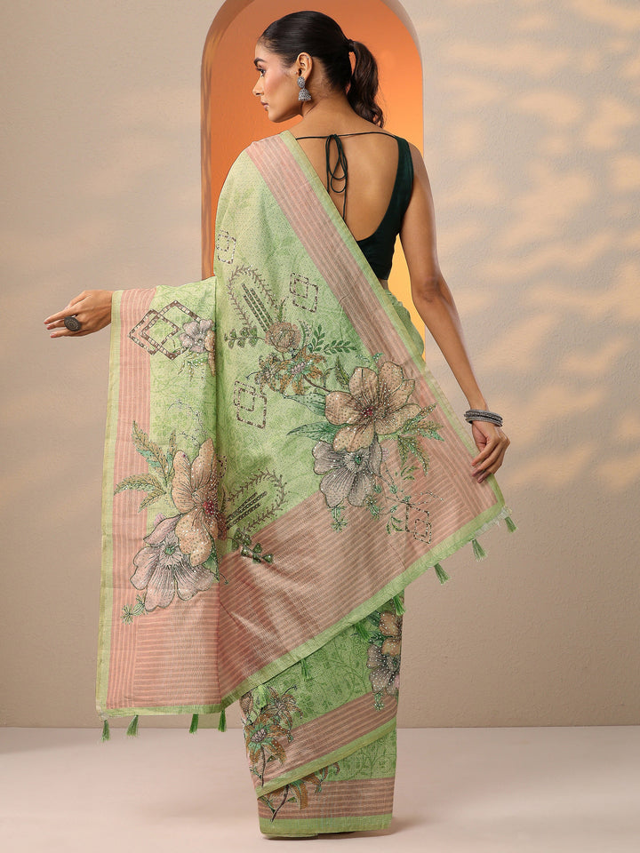 Green Printed Silk Blend Saree With Unstitched Blouse Piece