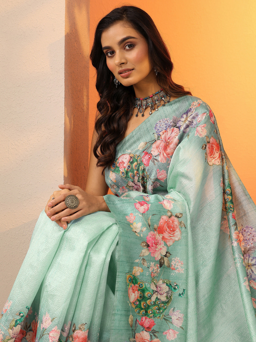 Sea Green Printed Silk Blend Saree With Unstitched Blouse Piece