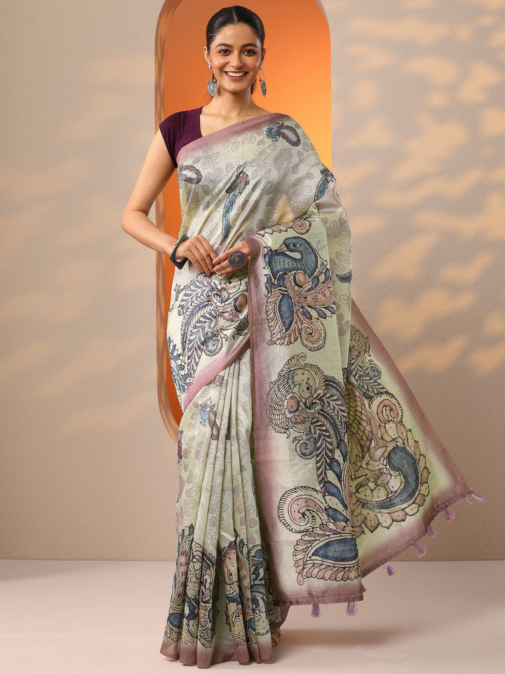 Beige Printed Silk Blend Saree With Unstitched Blouse Piece