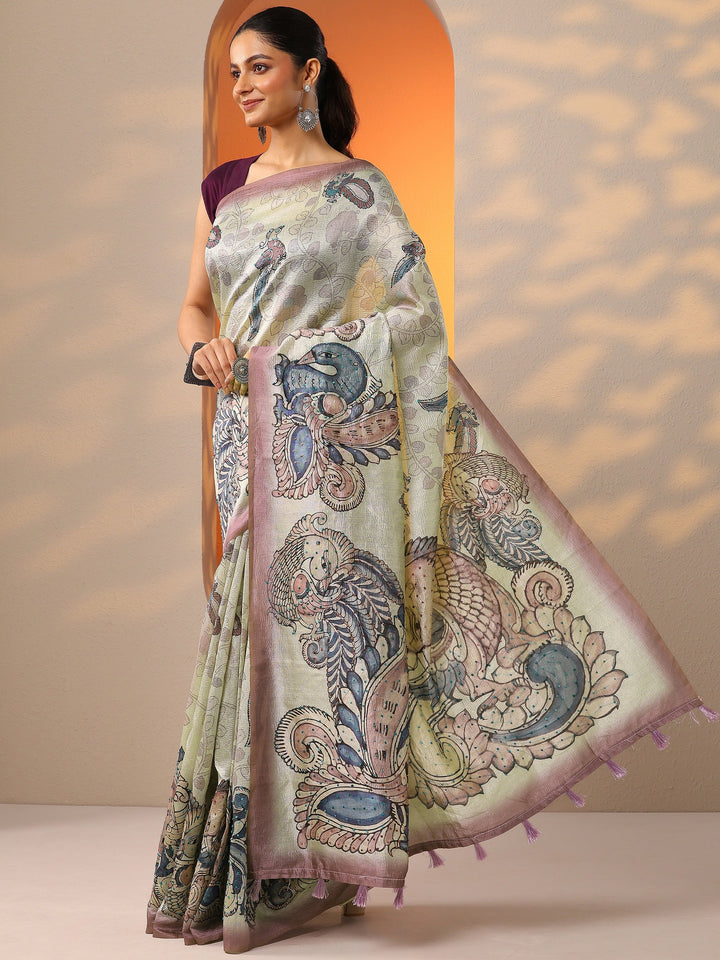 Beige Printed Silk Blend Saree With Unstitched Blouse Piece