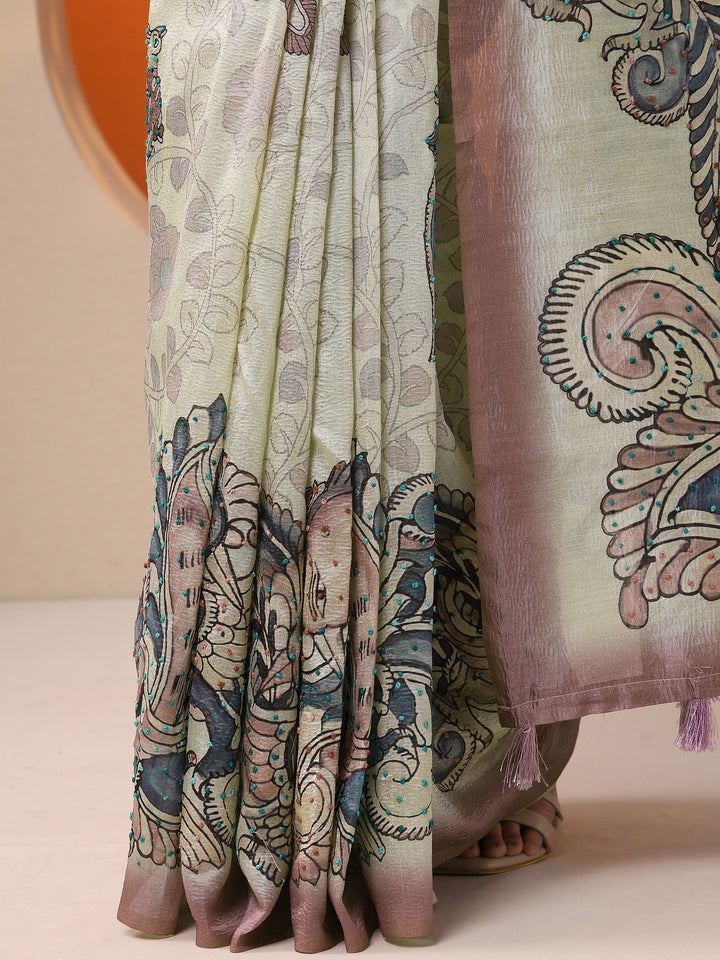 Beige Printed Silk Blend Saree With Unstitched Blouse Piece