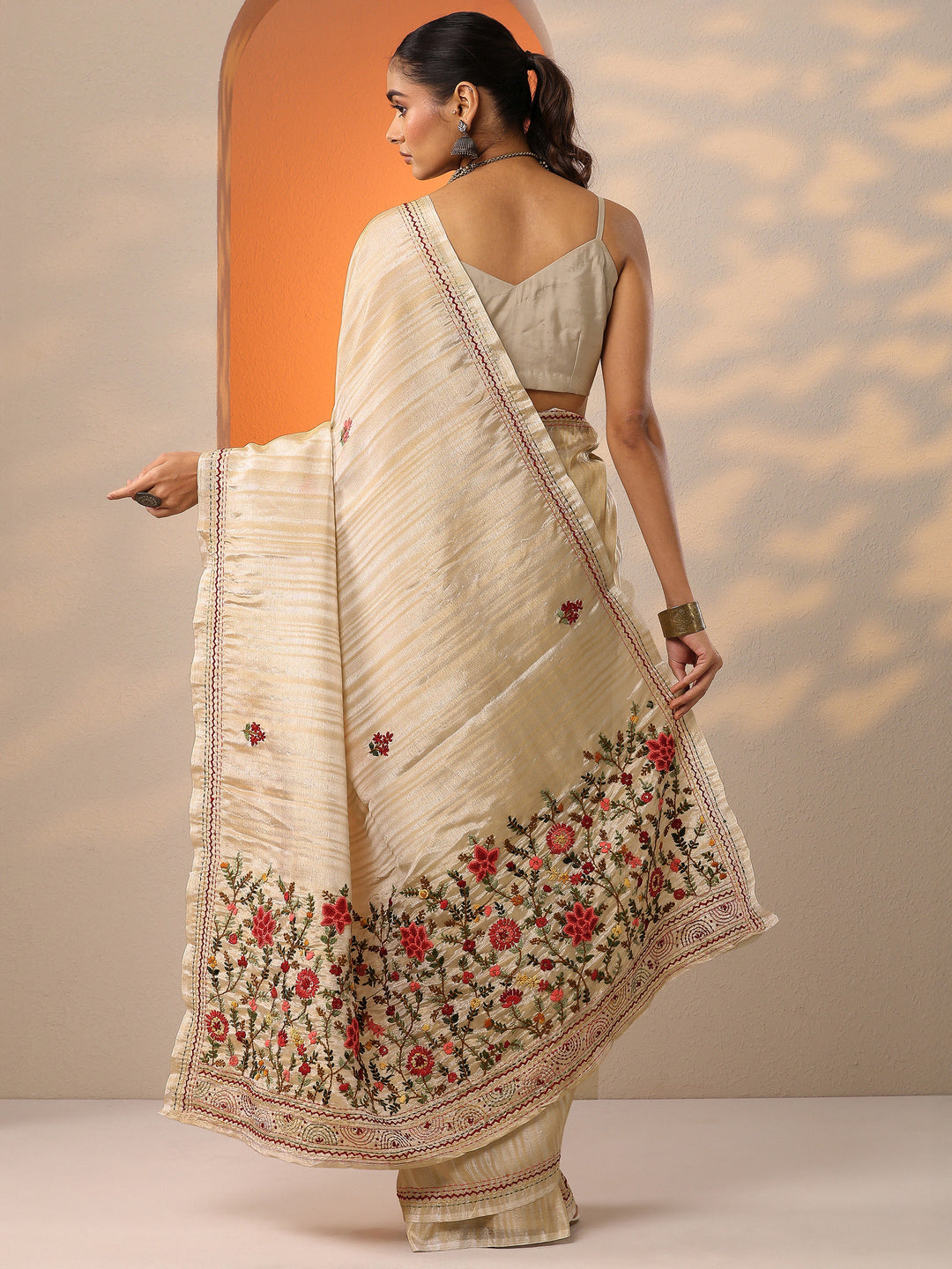 Beige Embroidered Silk Blend Saree With Unstitched Blouse Piece