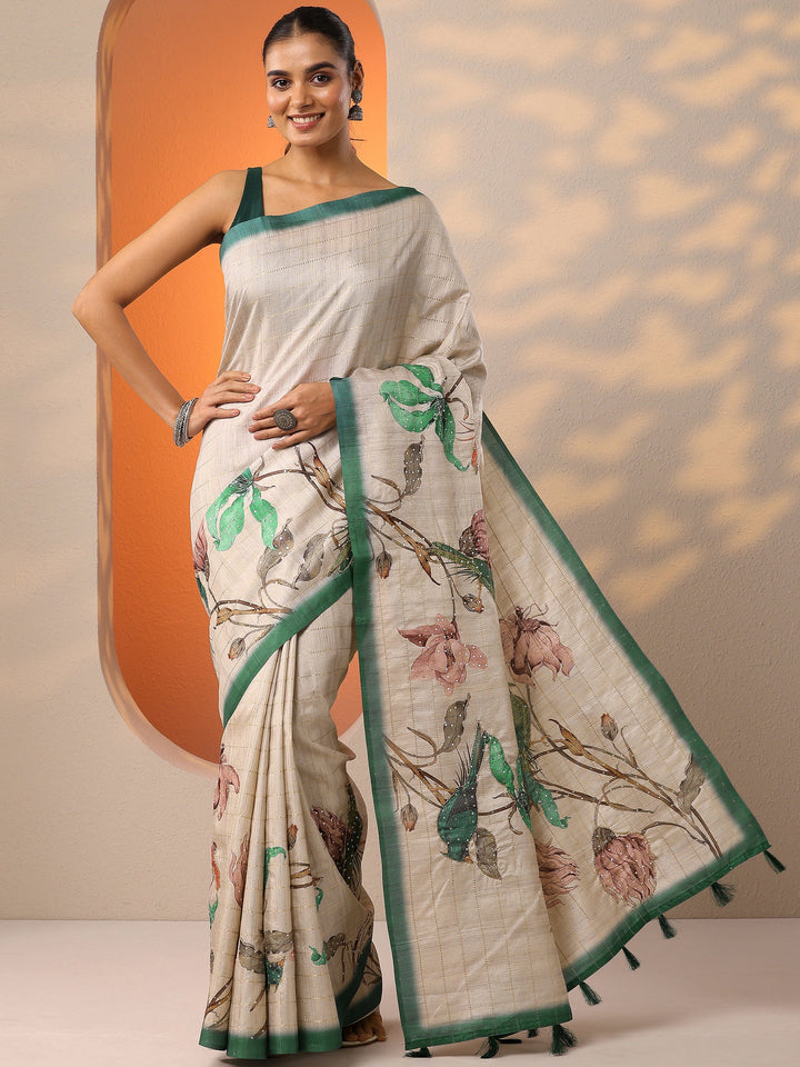 Beige Printed Silk Blend Saree With Unstitched Blouse Piece