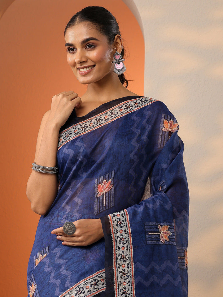 Navy Blue Printed Silk Blend Saree With Unstitched Blouse Piece