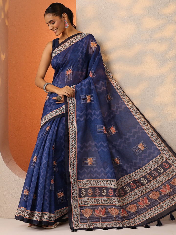 Navy Blue Printed Silk Blend Saree With Unstitched Blouse Piece