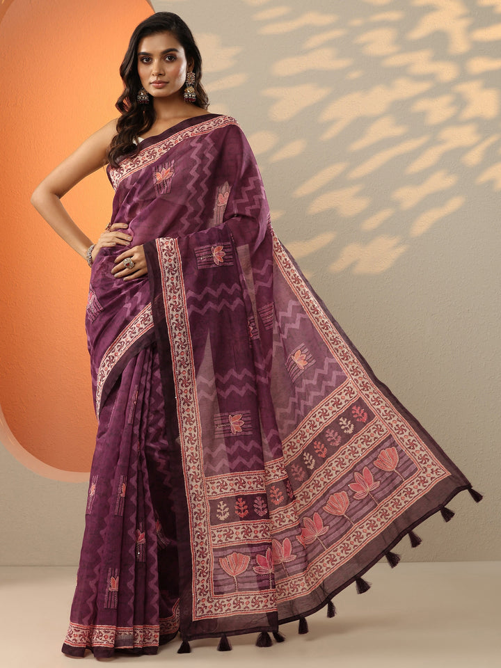 Burgundy Printed Silk Blend Saree With Unstitched Blouse Piece